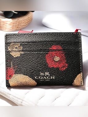 Coach Black and Red Floral Card Holder Leather Wildflower